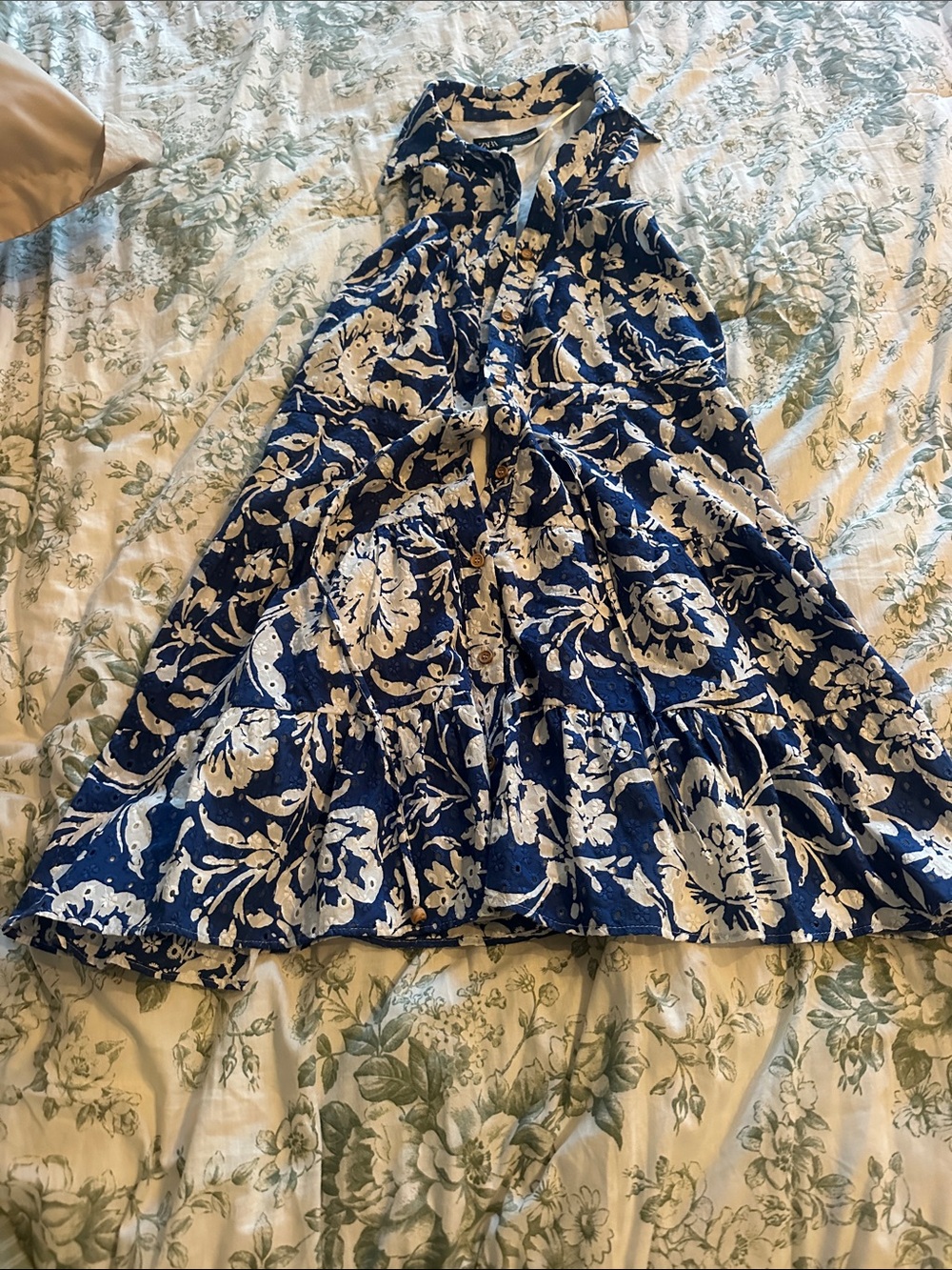 Zara Blue and White Embroidered Button-Front Dress